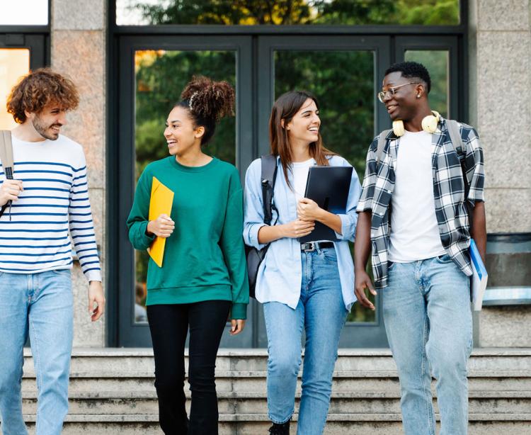A group of four students walking down some steps.